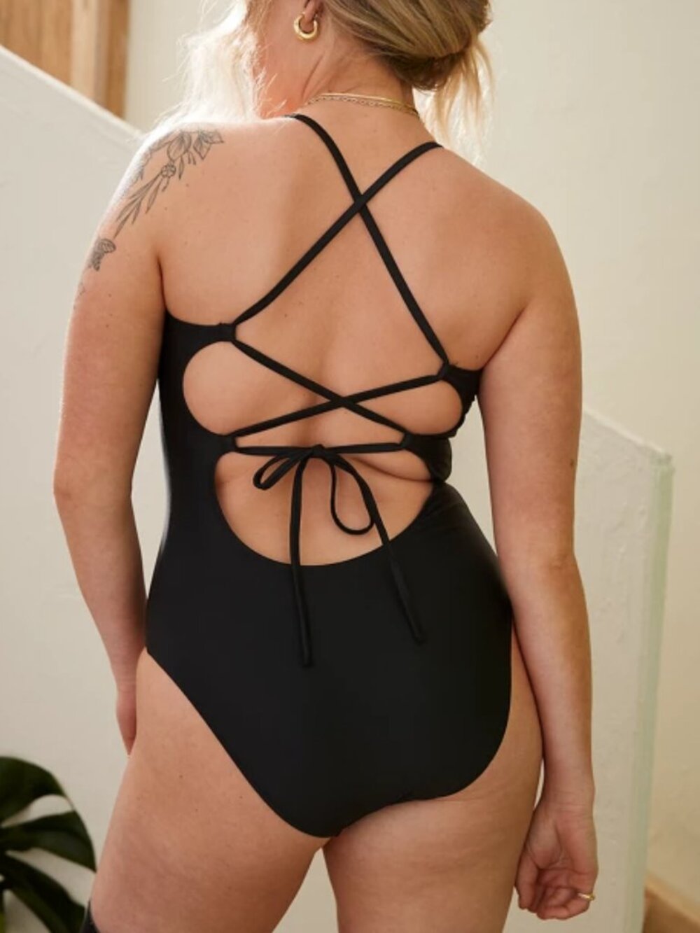 Black Aerie Strappy Lace Up Open Back 1 Piece Swimsuit